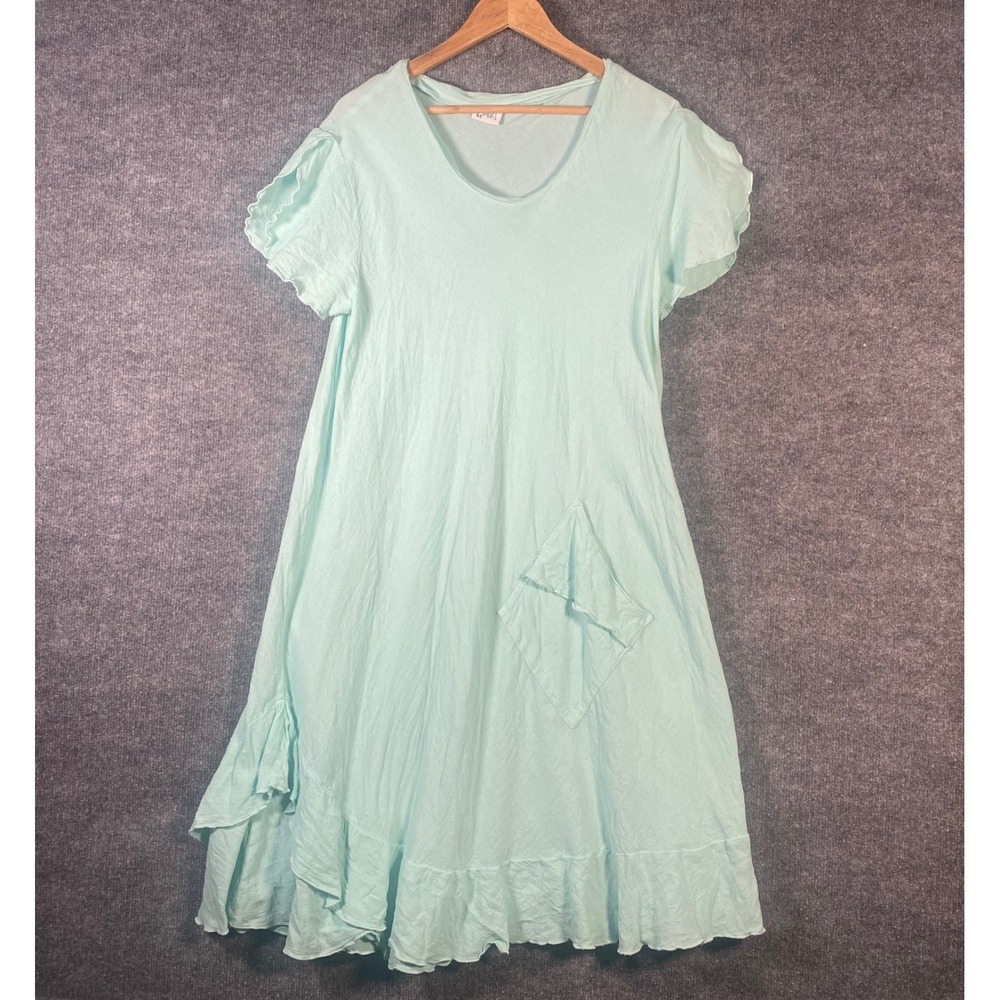 Oh My Gauze! Dress Womens 2 Mint Green Cotton Lagenlook Ruffle Hem Short Sleeve
